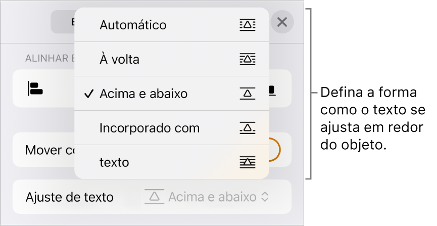 Os controlos “Ajuste de texto” com definições para Automático, “À volta”, “Por cima e por baixo”, “Incorporado com texto” e Nenhum.