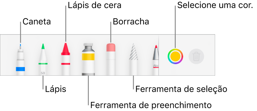 As barra de ferramentas de desenho no Pages no iPhone com uma caneta, lápis, lápis de cera, ferramenta de preenchimento, borracha, ferramenta de seleção e o seletor de cores a apresentar a cor atual.