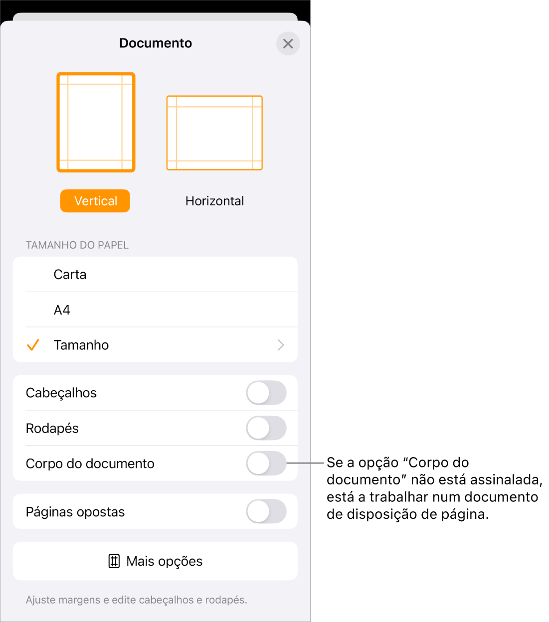 A opção “Configurar documento” aberta com a opção “Corpo do documento” desassinalada num documento de disposição de página.