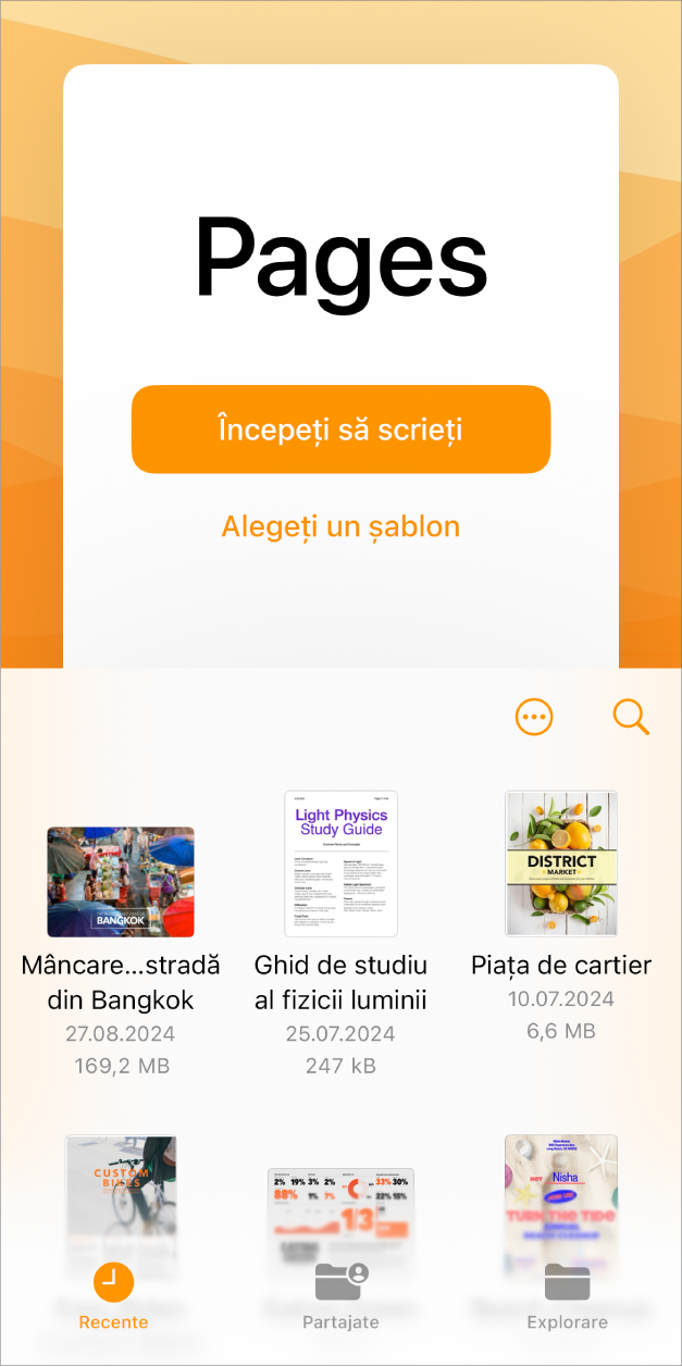 Gestionarul de documente Pages cu butoane pentru începerea scrierii sau pentru alegerea unui șablon în partea de sus a ecranului și comenzi pentru deschiderea documentelor salvate în partea de jos.