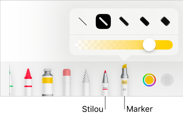Meniul de instrumente Adnotare inteligentă, cu butoanele stilou și marker, opțiunile pentru lățimea liniei și glisorul pentru opacitate.