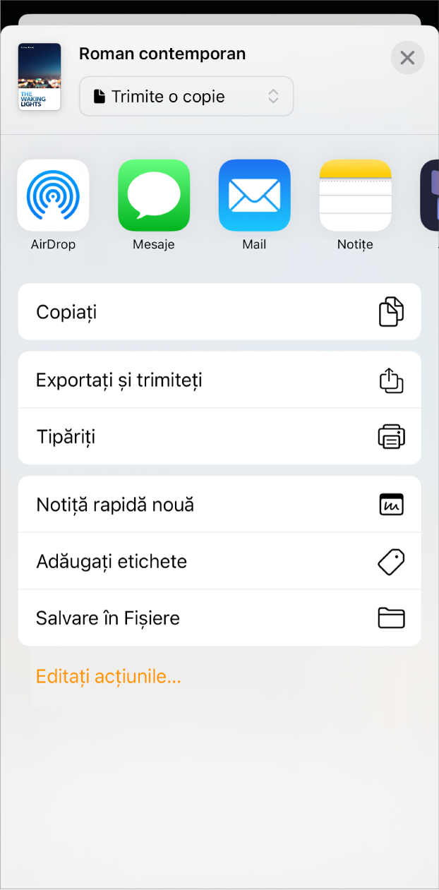 Se afișează meniul de partajare, cu opțiunile de trimitere în partea de sus și, dedesubt, opțiunile Copiați, Exportați și trimiteți, Tipăriți, Notiță rapidă nouă, Adăugați etichete și Salvați în Fișiere.