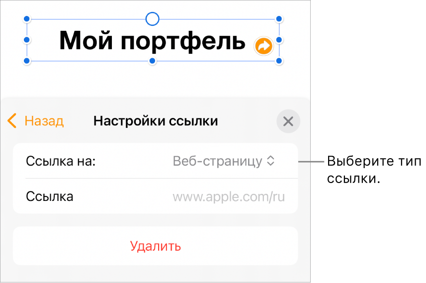 Элементы управления «Настройки ссылки»; выбран элемент «Веб-страница». В нижней части экрана показана кнопка «Удалить».