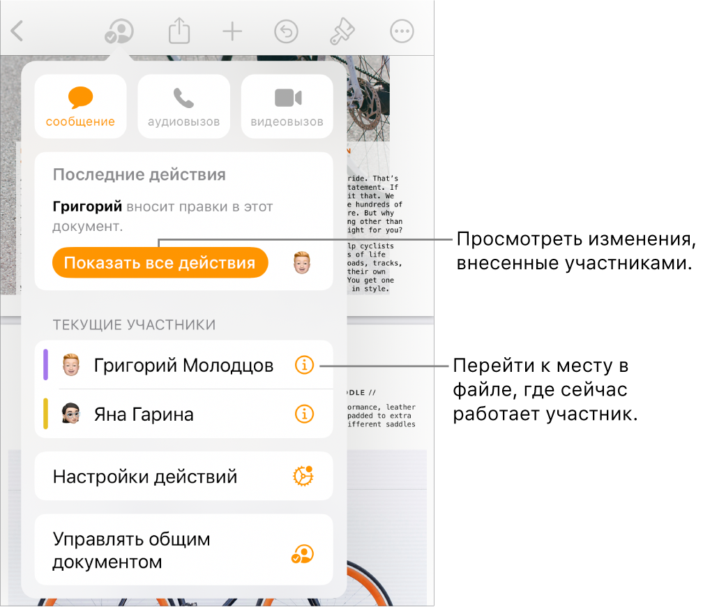 В меню совместной работы показаны активные участники.