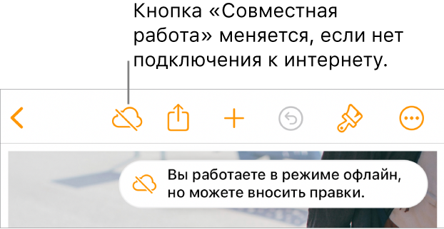 Показаны кнопки вверху экрана; кнопка совместной работы отображается как перечеркнутое облако. На экране отображается предупреждение: «Вы работаете в режиме офлайн, но можете вносить правки».
