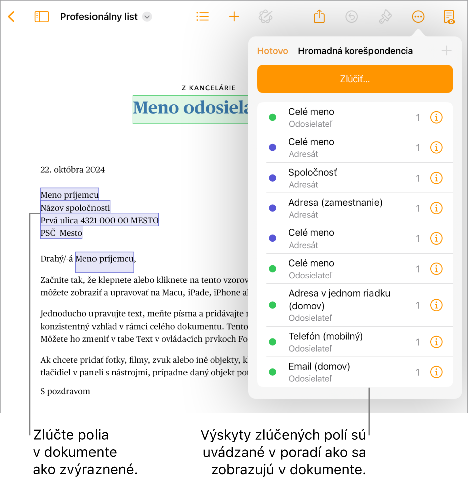Dokument v Pages so zlučovacími poliami pre príjemcu a odosielateľa a zoznam inštancií zlučovacích polí viditeľný v postrannom paneli Dokument.
