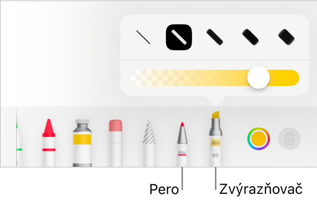 Menu nástroja Dynamické anotácie s tlačidlami pera a zvýrazňovača, možnosťami pre šírku čiary a posuvníkom nepriehľadnosti.
