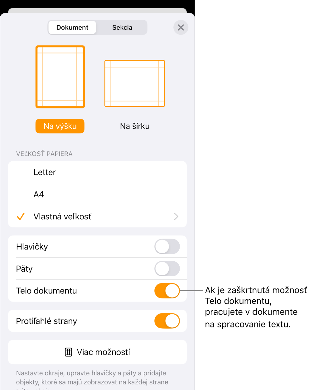 V dokumente určenom na spracovanie textu je otvorená časť Nastavenie dokumentu so zaškrtnutou možnosťou Telo dokumentu.