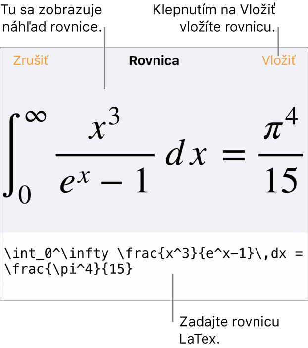 Dialógové okno Rovnica zobrazujúce rovnicu napísanú pomocou príkazov LaTeX, vyššie sa nachádza náhľad vzorca.