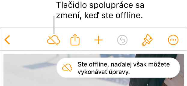 Tlačidlá v hornej časti obrazovky s tlačidlom Spolupráca zmeneným na obláčik s diagonálnou čiarou. Upozornenie na obrazovke s oznámením Ste offline, ale naďalej môžete upravovať.
