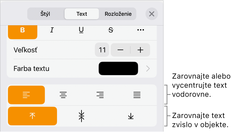 Panel Rozloženie s bublinami popisujúcimi tlačidlá zarovnania textu a tlačidlá na nastavenie medzier.