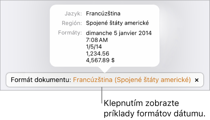 Hlásenie o inom jazyku a nastavení regiónu zobrazujúce príklady formátovania v danom jazyku a regióne.