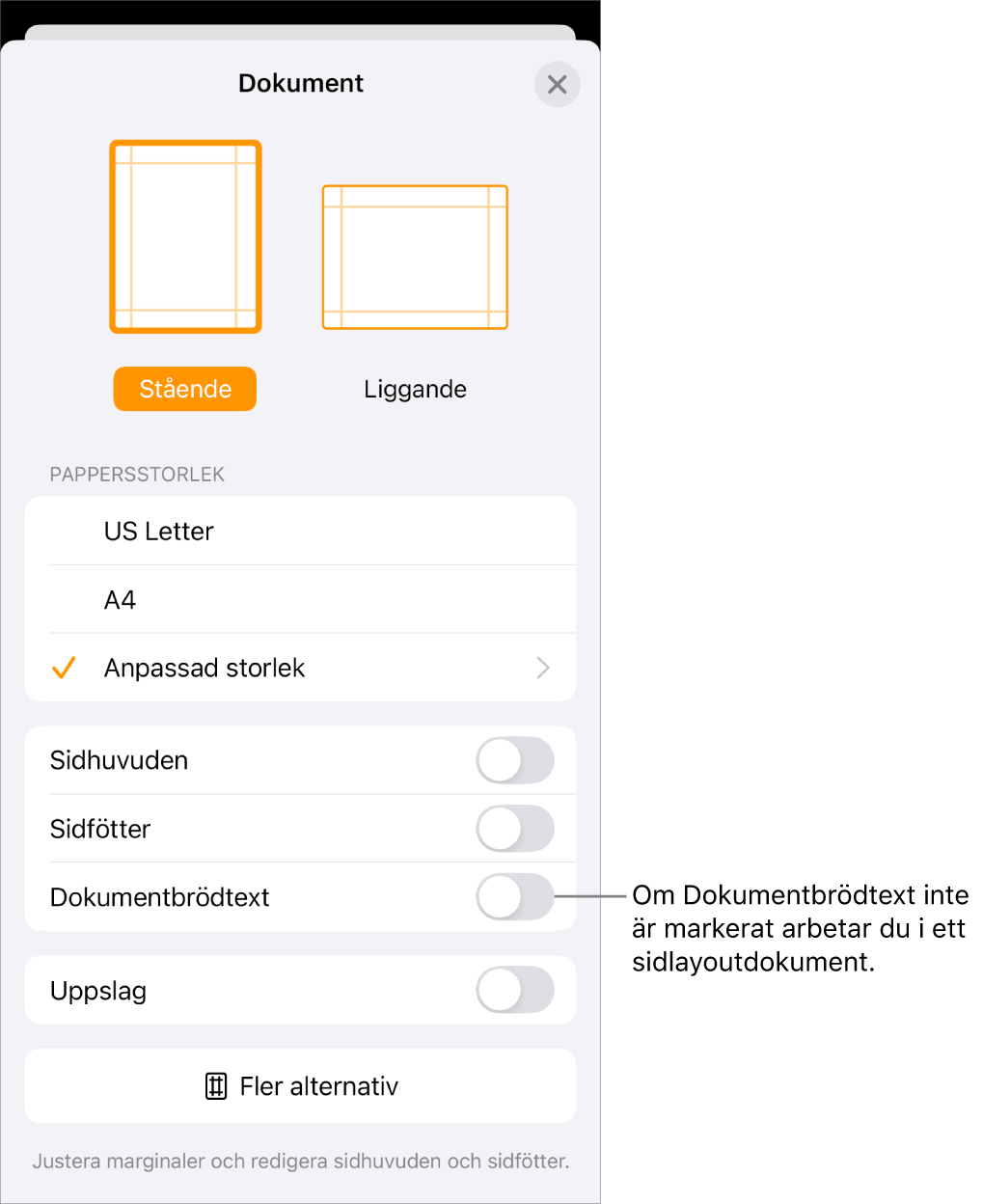 Dokumentinställningar är öppna med kryssrutan Dokumentbrödtext omarkerad i ett sidlayoutdokument.