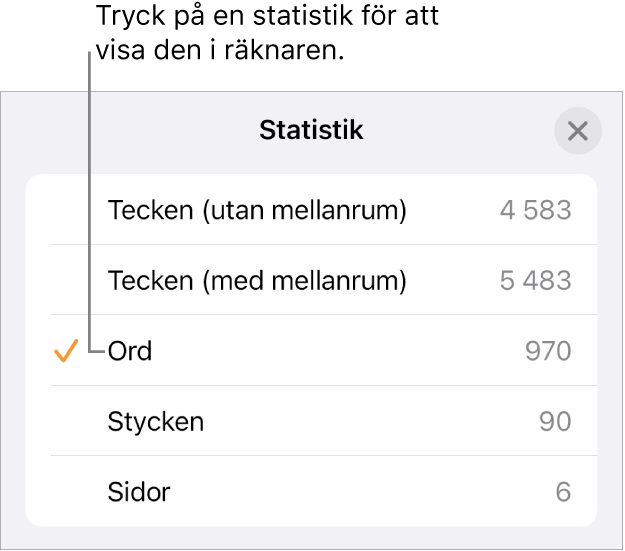 Menyn Statistik med alternativ för att visa antalet tecken med och utan mellanslag, antal ord, antal stycken och antal sidor.