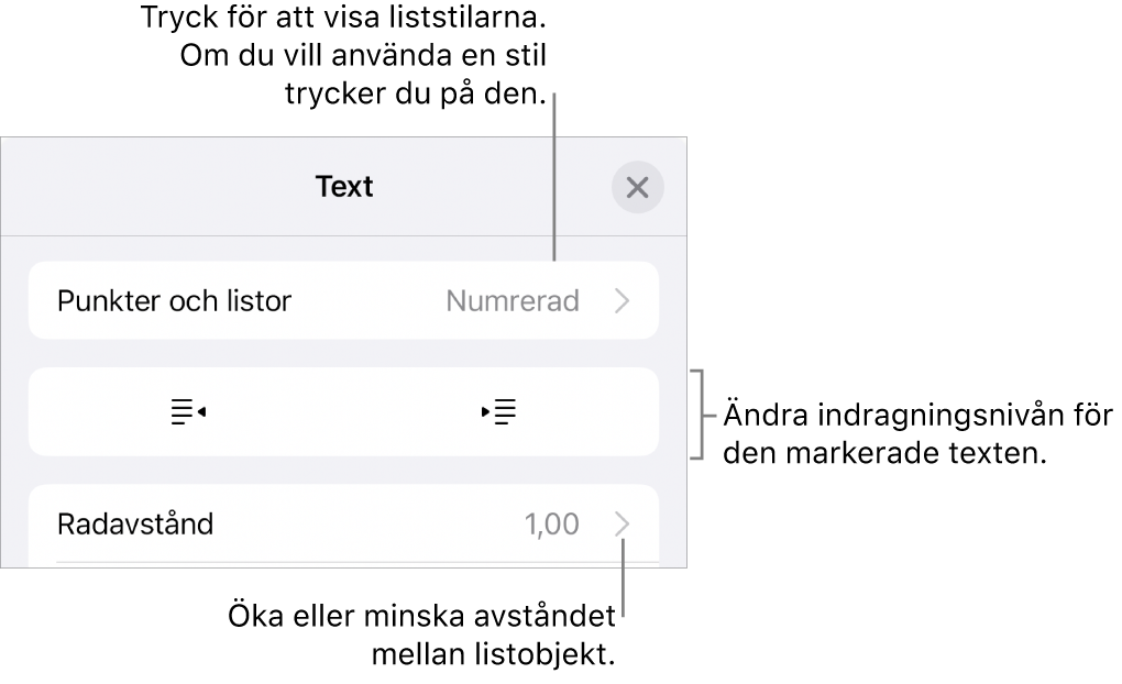 Avsnittet Punkter och listor i formatreglagen med streck som pekar på Punkter och listor, knapparna för indrag och minskat indrag samt reglage för radavstånd.