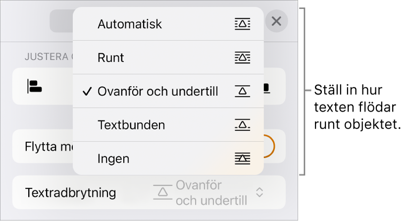 Textradbrytningsreglagen med inställningar för Automatiskt, Runt, Ovanför och nedanför, Textbunden och Ingen.