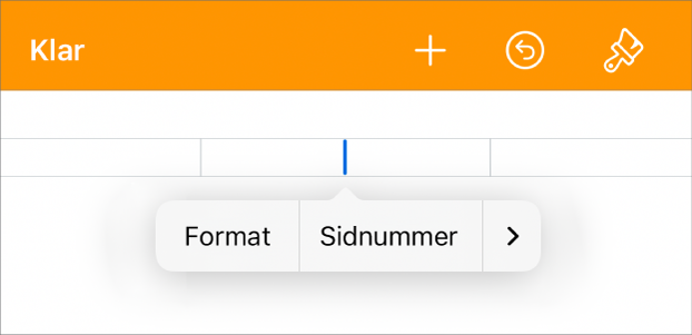 Dokumentinställningsfönstret med insättningspunkten i ett sidhuvudsfält och en popupmeny med två objekt: Sidnummer och Infoga.