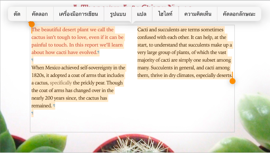 ข้อความที่แสดงสัญลักษณ์สำหรับการแบ่งย่อหน้า และการแบ่งส่วน