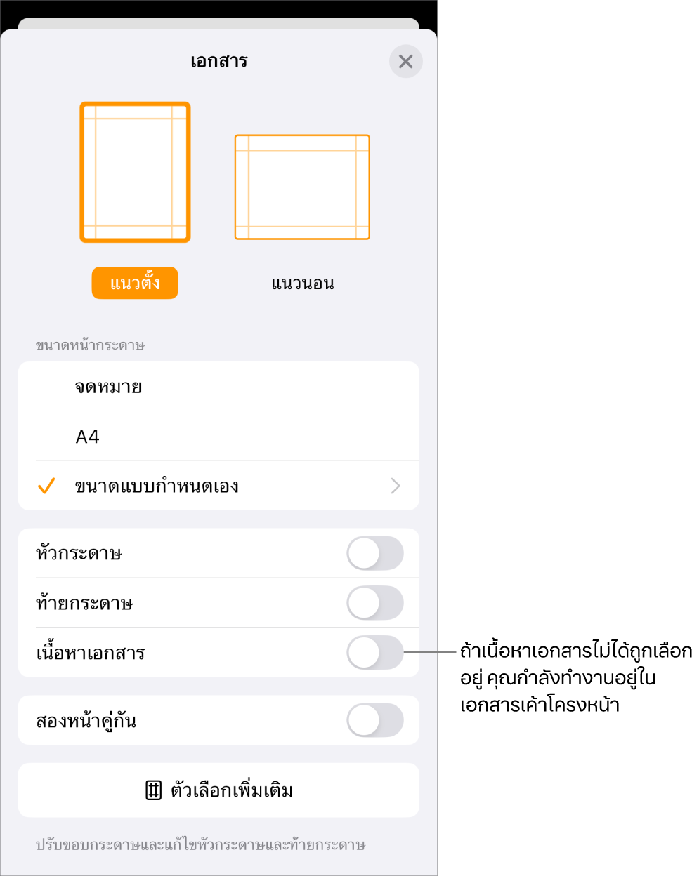 ตั้งค่าเอกสารเปิดอยู่ โดยเนื้อหาเอกสารไม่ได้ถูกเลือกในเอกสารเค้าโครงหน้า