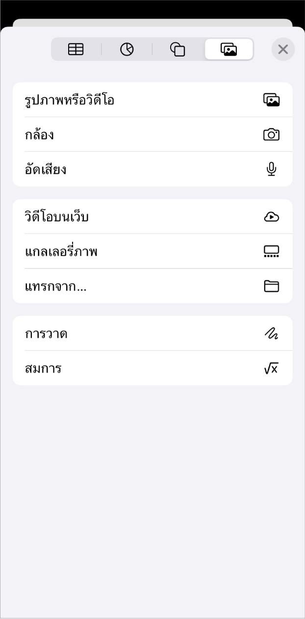เมนูเพิ่มสื่อแสดงอยู่