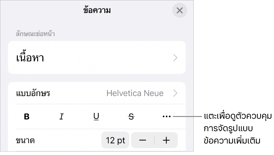 แถบข้อความของตัวควบคุมรูปแบบพร้อมคำอธิบายของปุ่มตัวเลือกข้อความเพิ่มเติม
