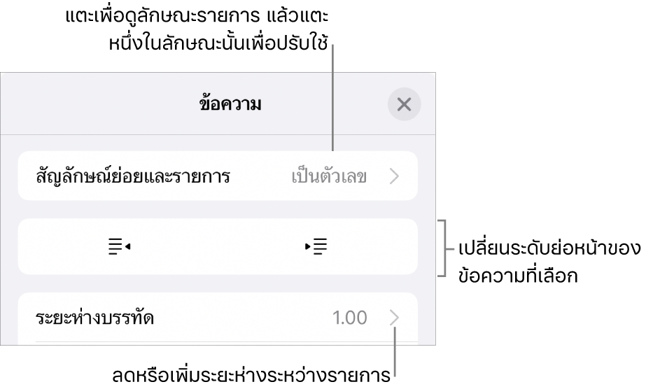 ส่วนสัญลักษณ์ย่อยและรายการของตัวควบคุมรูปแบบที่มีคำบรรยายสำหรับสัญลักษณ์ย่อยและรายการ ปุ่มการเยื้องออกและการเยื้องเข้า และตัวควบคุมระยะห่างบรรทัด