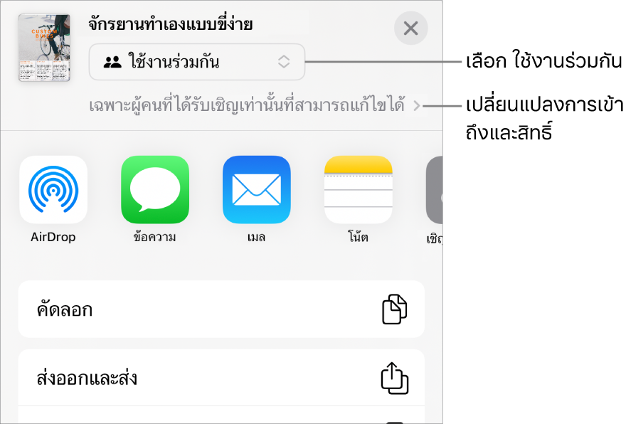 เมนูแชร์ที่มีใช้งานร่วมกันถูกเลือกอยู่ที่ด้านบนสุด และการตั้งค่าการเข้าถึงและสิทธิ์อยู่ที่ด้านล่าง