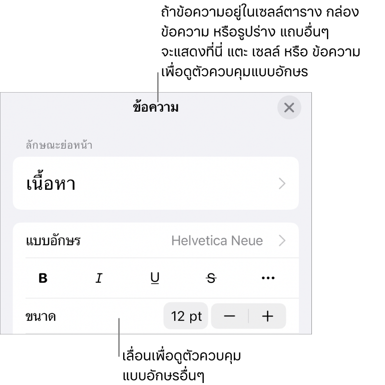 ตัวควบคุมข้อความในเมนูรูปแบบสำหรับตั้งค่าลักษณะ แบบอักษร ขนาด และสีของย่อหน้าและอักขระ