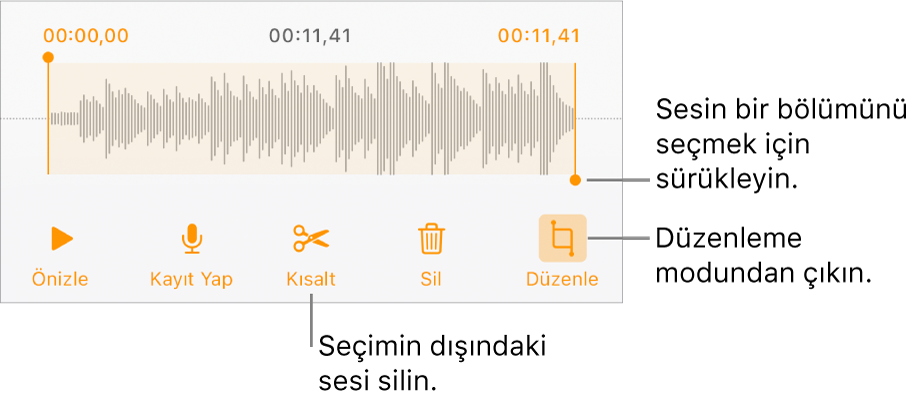 Kaydedilen sesi düzenleme denetimleri. Tutamaklar kaydın seçilen kısmını gösterir; Önizleme, Kaydet, Kes, Sil ve Düzen Modu düğmeleri aşağıdadır.