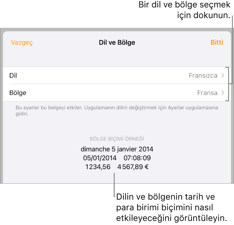 Dil ve bölge denetimleri ve tarih, saat, ondalık ve para birimi de dahil olmak üzere bir biçim örneği ile Dil ve Bölge bölümü.
