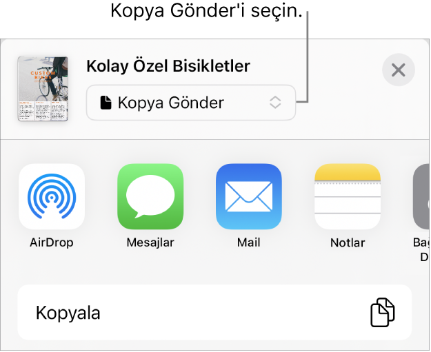 Paylaş menüsü, en üstte Kopya Gönder seçili.