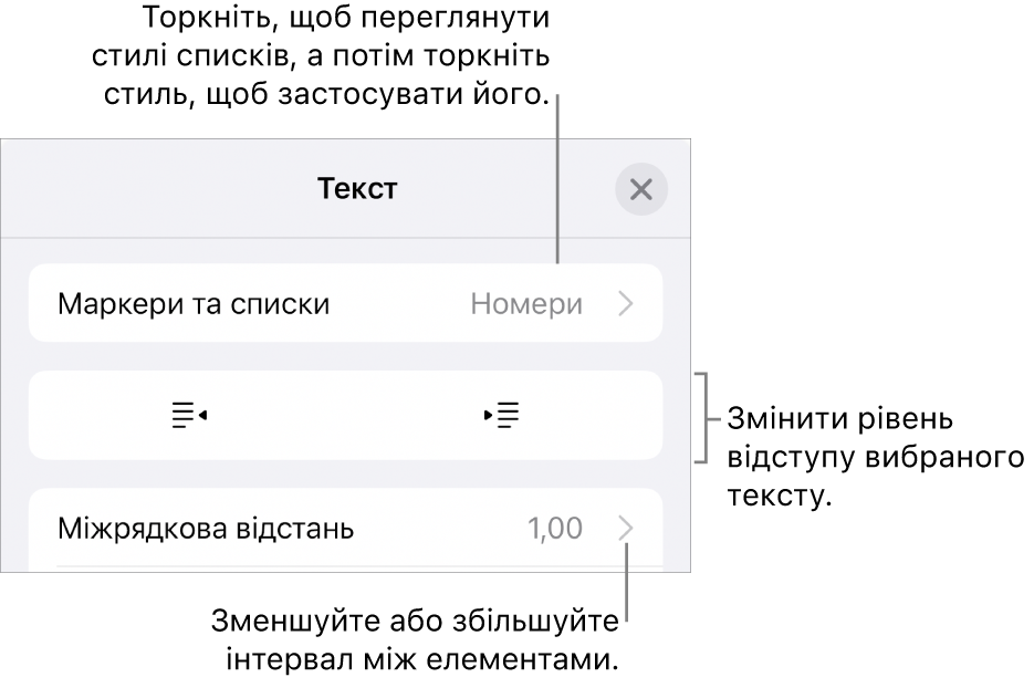 Розділ «Маркери і списки» елементів керування «Формат» з виносками на «Маркери і списки», кнопки виступів і відступів та елементи керування інтервалами.