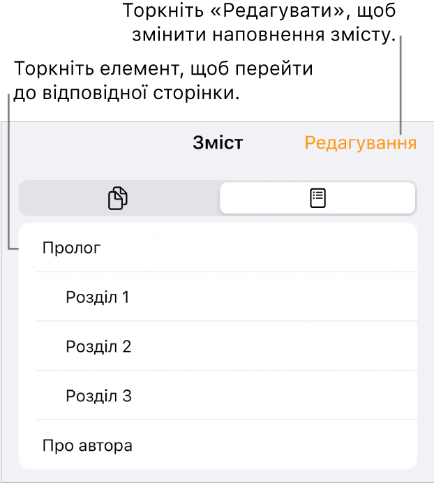 Зміст із заголовками в списку. Кнопка «Змінити» в правому верхньому кутку і кнопки «Мініатюри сторінок» і «Зміст» внизу екрана.