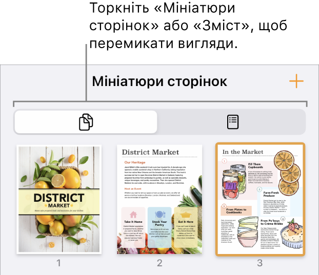 Перегляд мініатюр сторінок з мініатюрами кожної сторінки. Кнопка «Мініатюри сторінок» і кнопка «Зміст» розміщені внизу екрана.