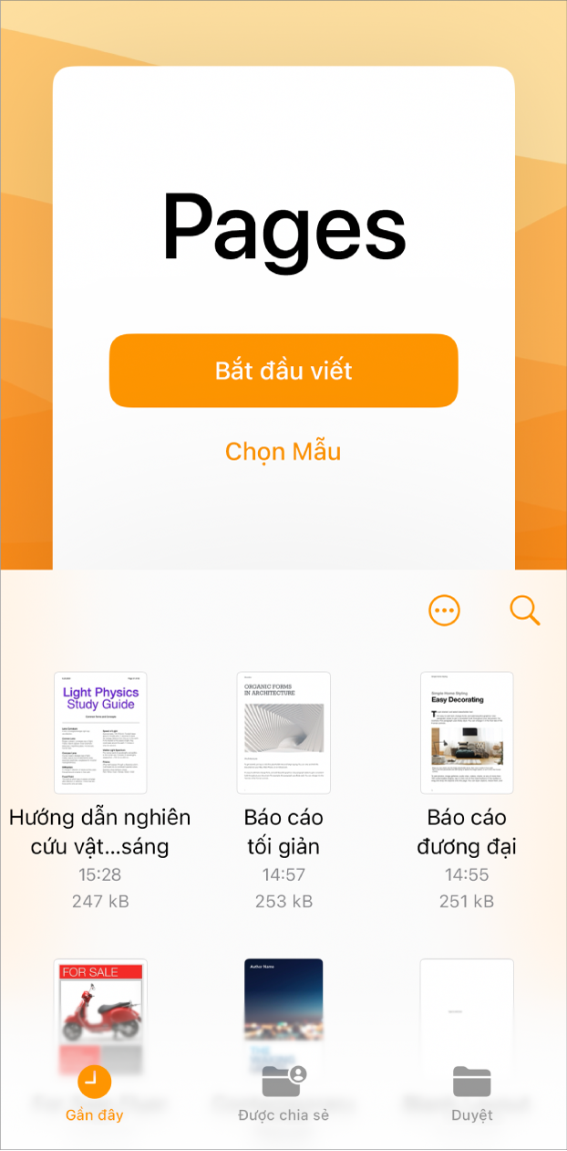 Màn hình chào mừng của Pages với các tùy chọn cho Bắt đầu viết và Chọn mẫu ở trên cùng, các tài liệu gần nhất được hiển thị ở dưới cùng.