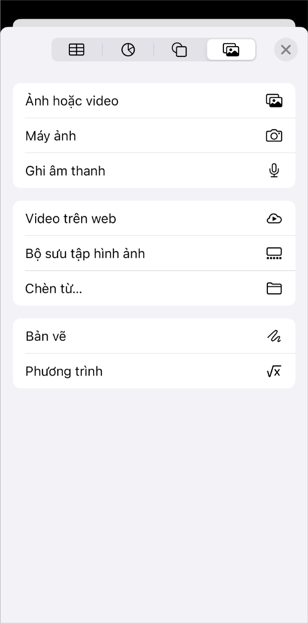 Menu Thêm phương tiện được hiển thị.