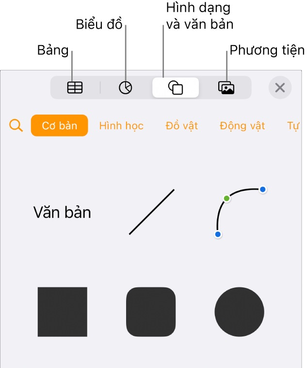 Điều khiển Chèn mở ra với các nút để thêm bảng, biểu đồ, văn bản, hình và phương tiện ở đầu.