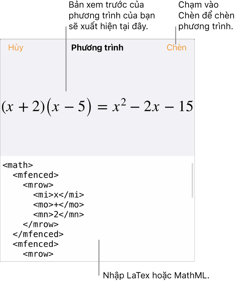 Hộp thoại Phương trình, đang hiển thị phương trình được viết bằng các lệnh MathML và bản xem trước của công thức ở bên trên.