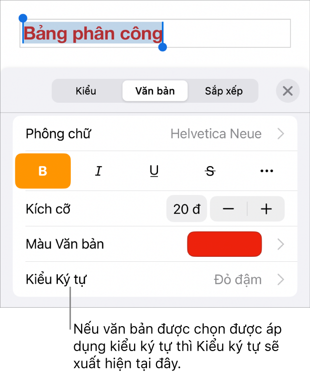 Các điều khiển định dạng Văn bản với Kiểu ký tự bên dưới các điều khiển Màu. Kiểu ký tự Không xuất hiện cùng với dấu hoa thị.