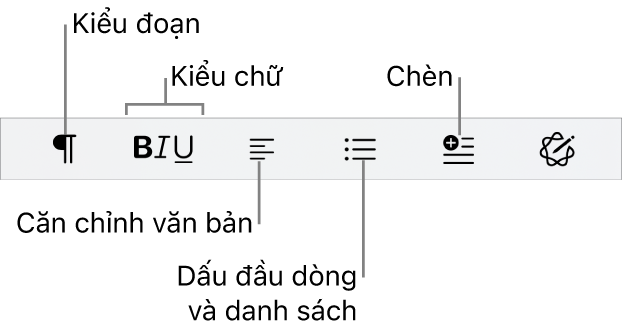 Thanh Định dạng nhanh, đang hiển thị các biểu tượng cho kiểu đoạn, kiểu nhập, căn chỉnh văn bản, dấu đầu dòng và danh sách và thành phần chèn.