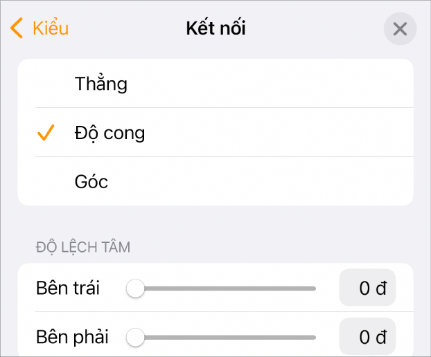 Các điều khiển Kết nối với Cong được chọn.