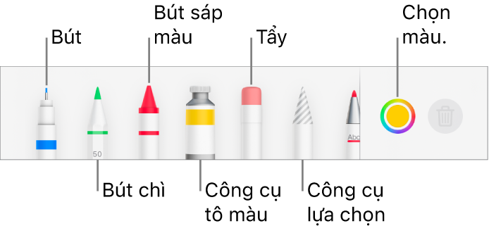 Thanh công cụ vẽ trong Pages trên iPhone với bút, bút chì, bút sáp màu, công cụ tô màu, tẩy, công cụ chọn và ô màu hiển thị màu hiện tại.