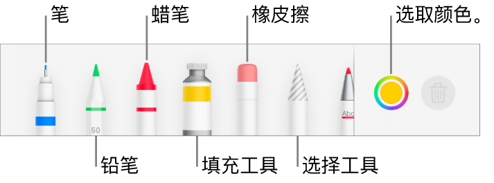 iPhone 上 Pages 文稿中的绘图工具栏，包括笔、铅笔、蜡笔、填充工具、橡皮擦、选择工具和显示当前颜色的颜色池。