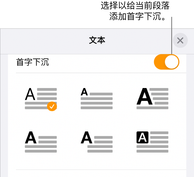 位于“文本”菜单中的“首字下沉”控制。