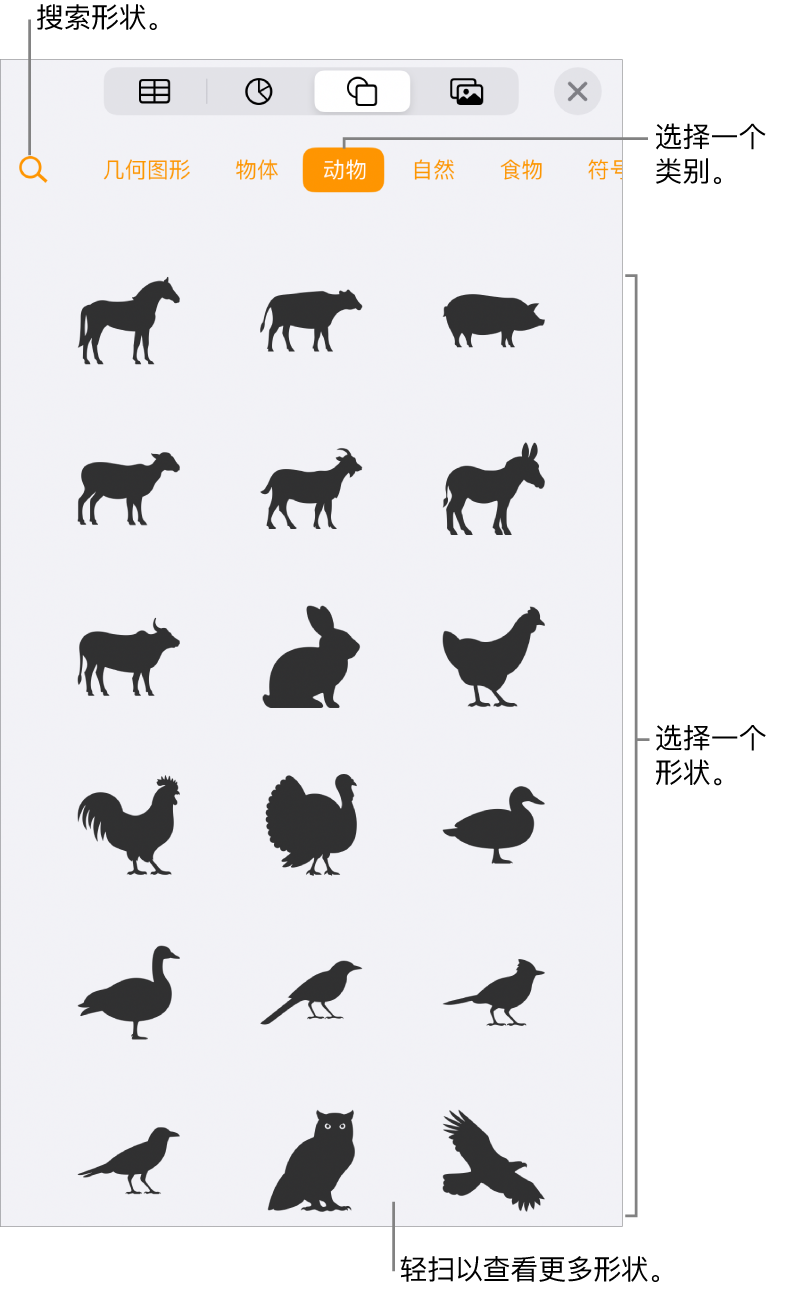 形状库，类别位于顶部，形状显示在下方。你可以使用顶部的搜索按钮来查找形状，还可以轻扫来查看更多形状。