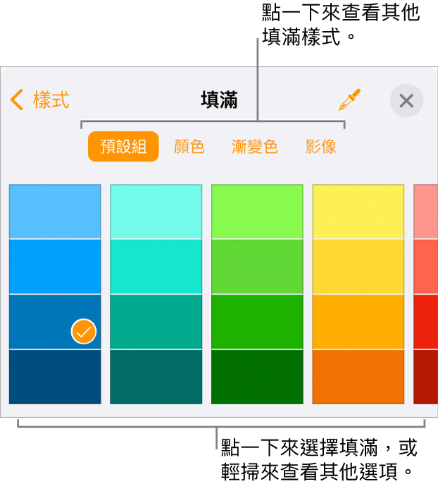「格式」按鈕其「樣式」分頁中的填滿選項。