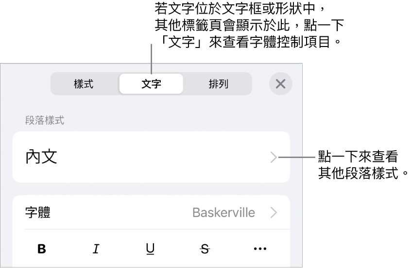 「格式」選單中顯示用於設定段落及字元樣式、字體、大小和顏色的文字控制項目。