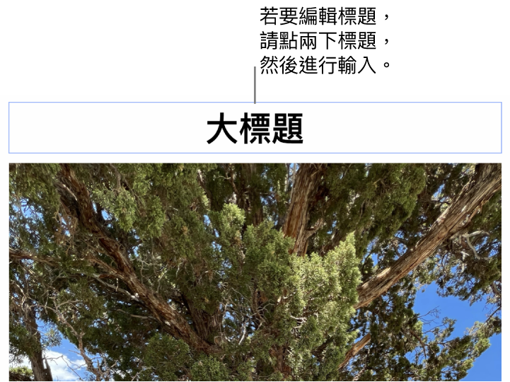 暫存區標題，「標題」顯示在照片下方，藍色外框環繞標題欄位顯示已選取。