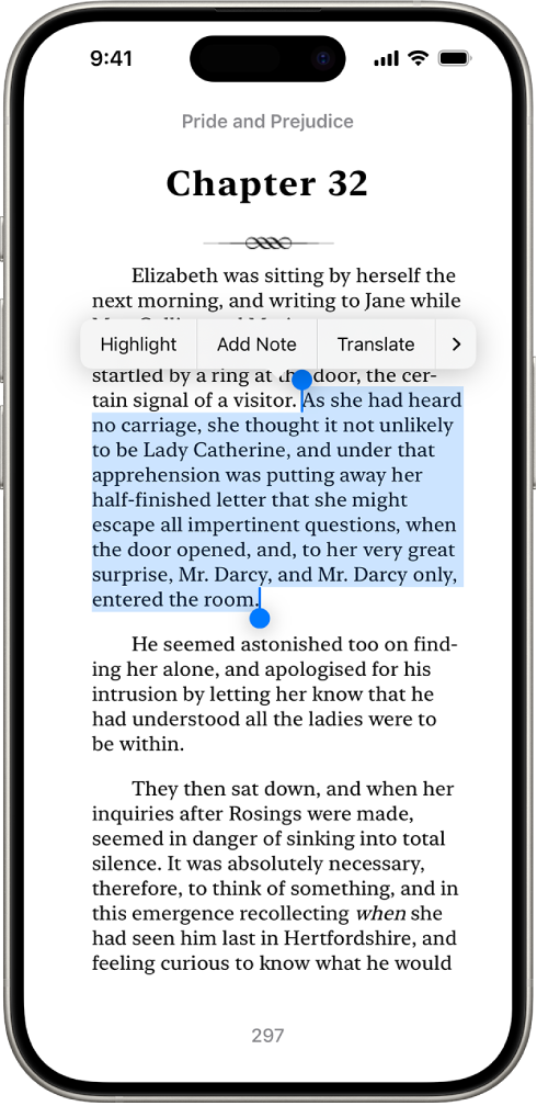 Pàgina d’un llibre a l’app Llibres amb una part del text de la pàgina seleccionada. Els controls “Ressaltar”, “Afegir una nota” i “Traduir” són a sobre del text seleccionat.