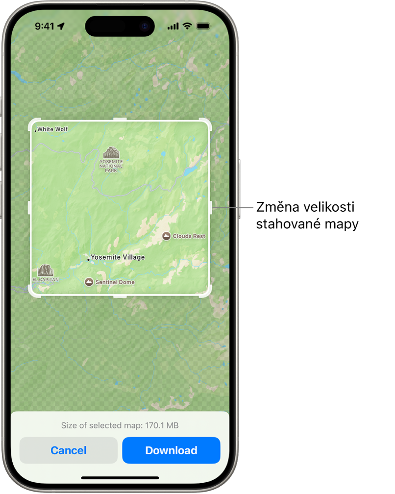 Mapa národního parku. Okolo parku se zobrazuje obdélníkový rám s úchyty, jejichž pohybem lze měnit velikost stahované části mapy. Poblíž dolního okraje mapy je uveden stahovaný objem mapových dat, která jste vybrali. U dolního okraje displeje jsou vidět tlačítka Zrušit a Stáhnout.